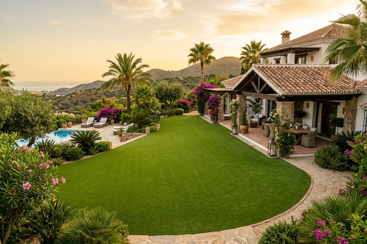 Artificial Grass & Landscaping setup on a Mediterranean terrace in Mijas, Costa del Sol