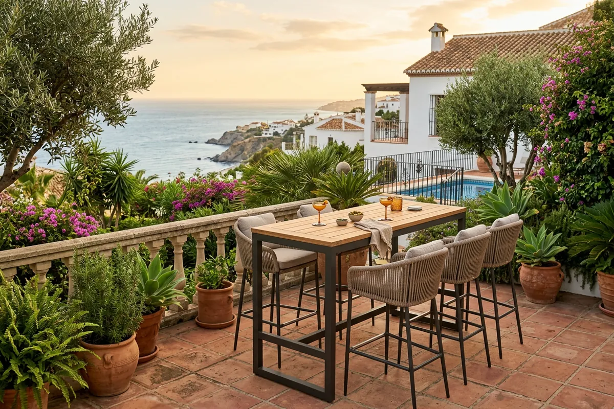 Outdoor Bar Furniture setup on a Mediterranean terrace in Mijas, Costa del Sol