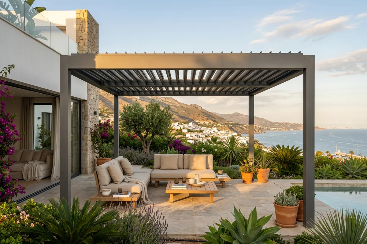 Bioclimatic Pergolas setup on a Mediterranean terrace in Mijas, Costa del Sol