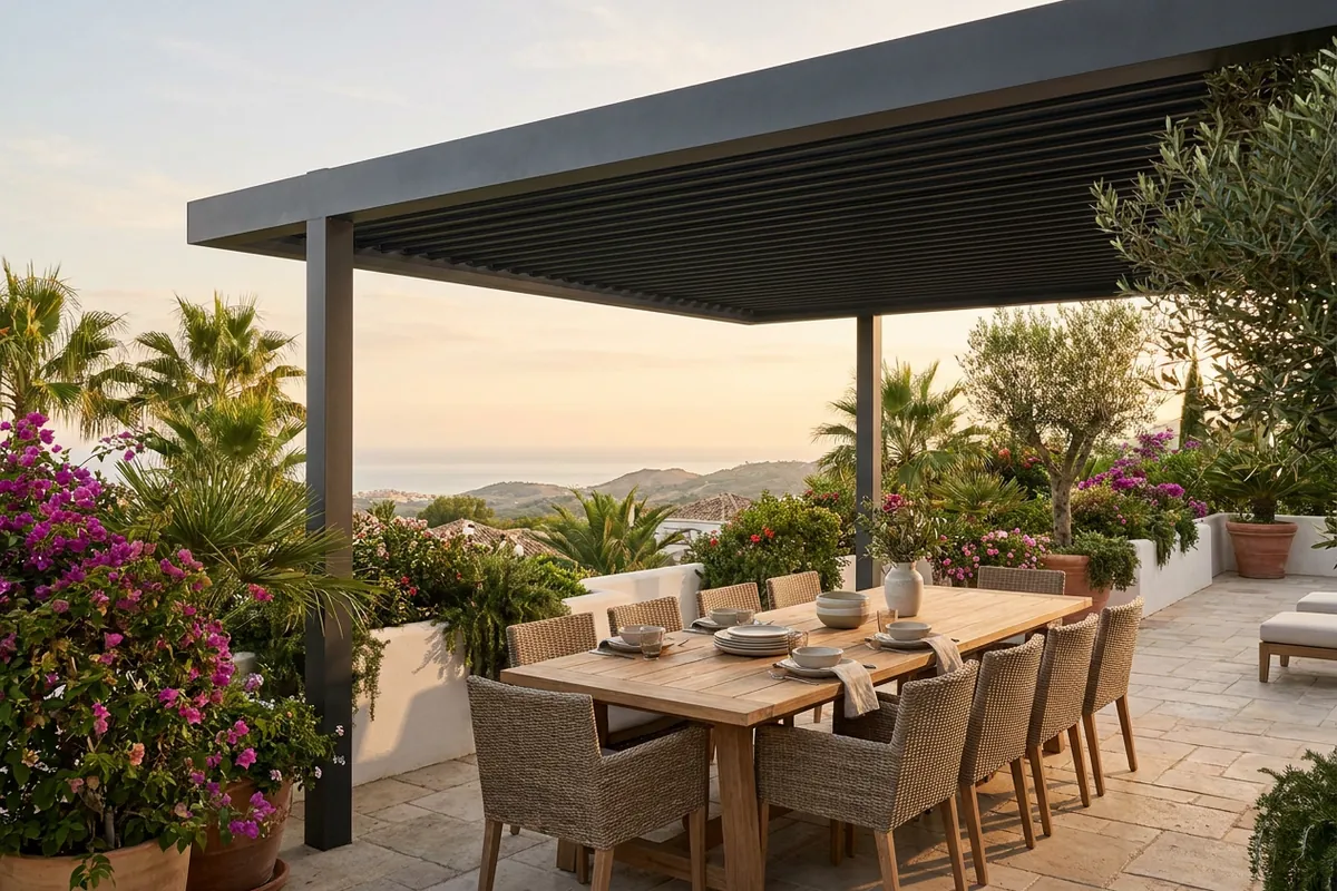 Fixed Pergolas setup on a Mediterranean terrace in Mijas, Costa del Sol
