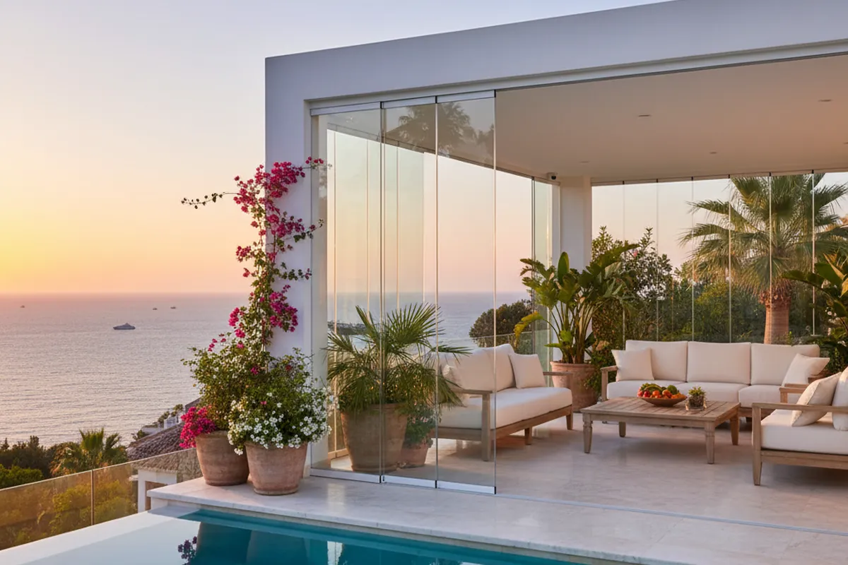 Glass Curtains & Glass Rooms setup on a Mediterranean terrace in Mijas, Costa del Sol