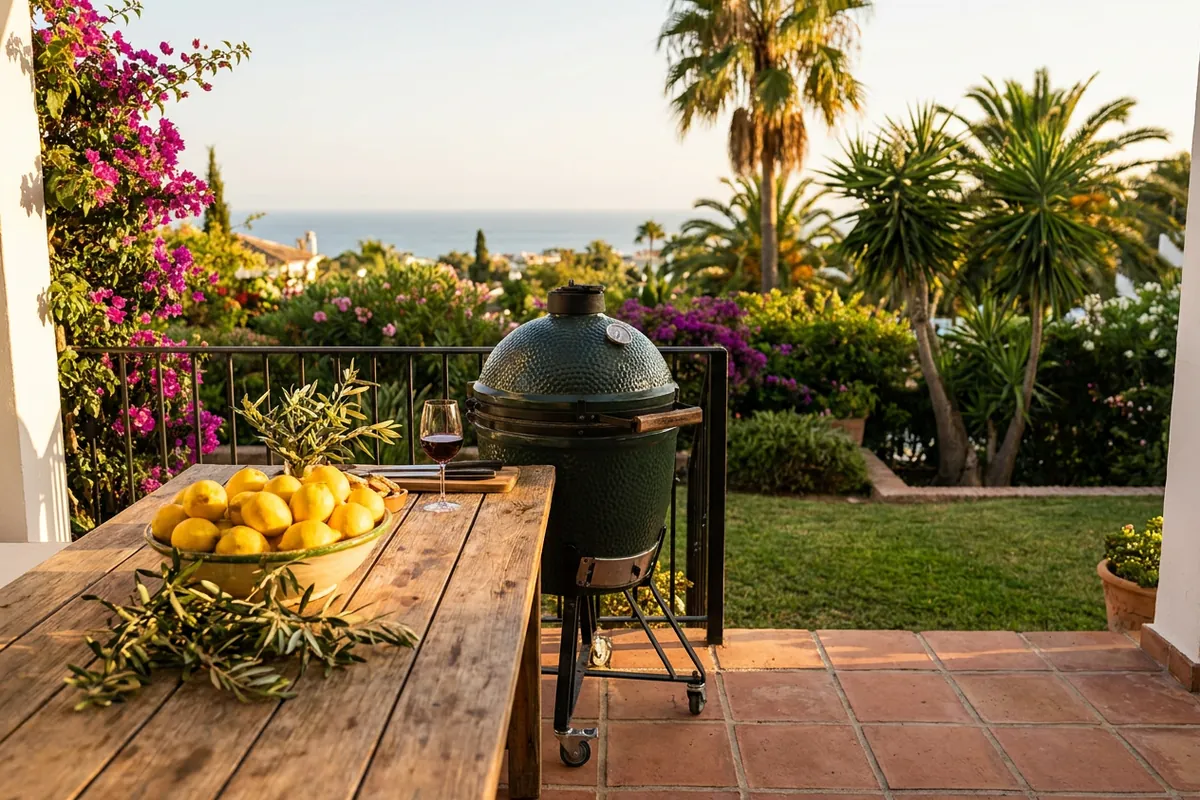 Kamado BBQs setup on a Mediterranean terrace in Mijas, Costa del Sol
