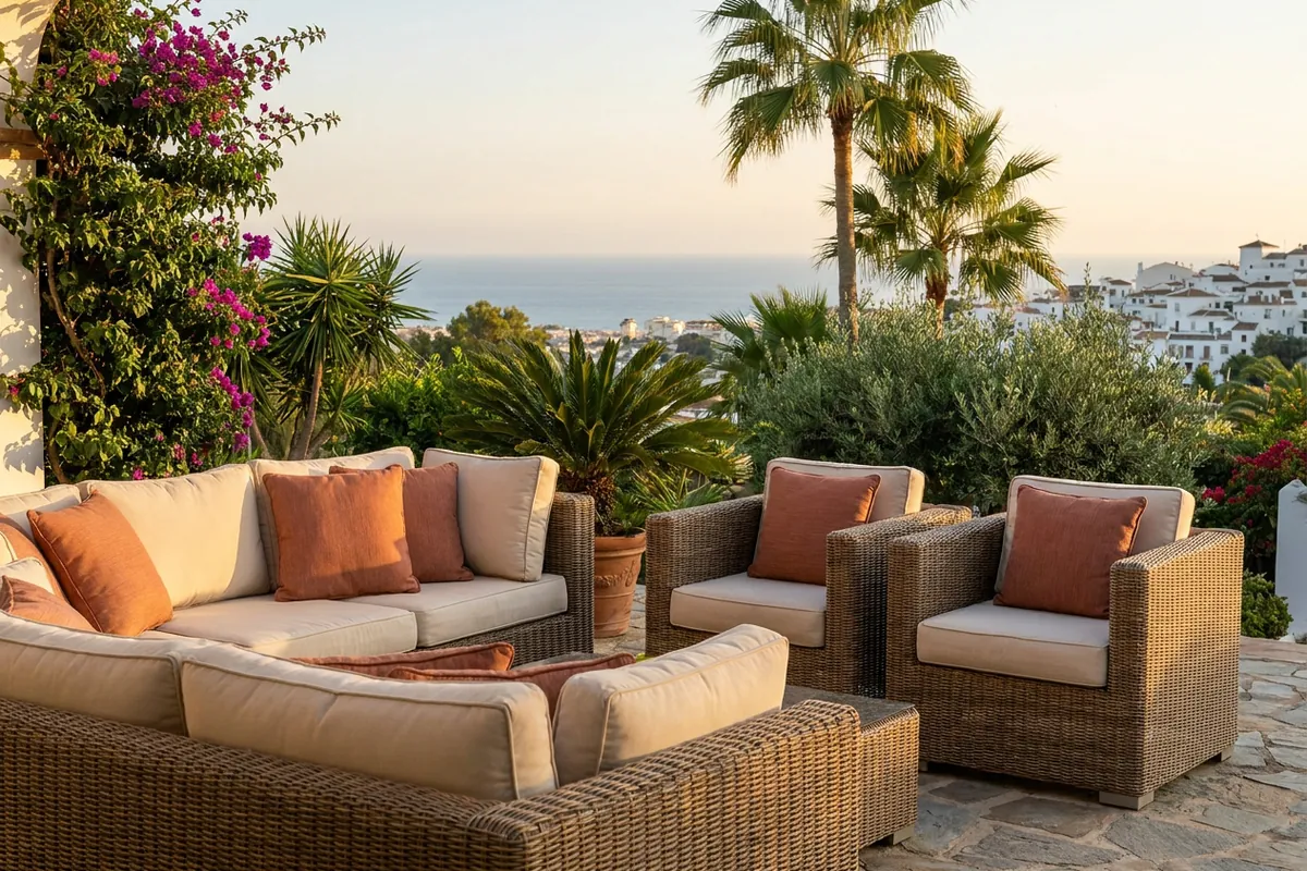 Outdoor Cushions & Textiles setup on a Mediterranean terrace in Mijas, Costa del Sol