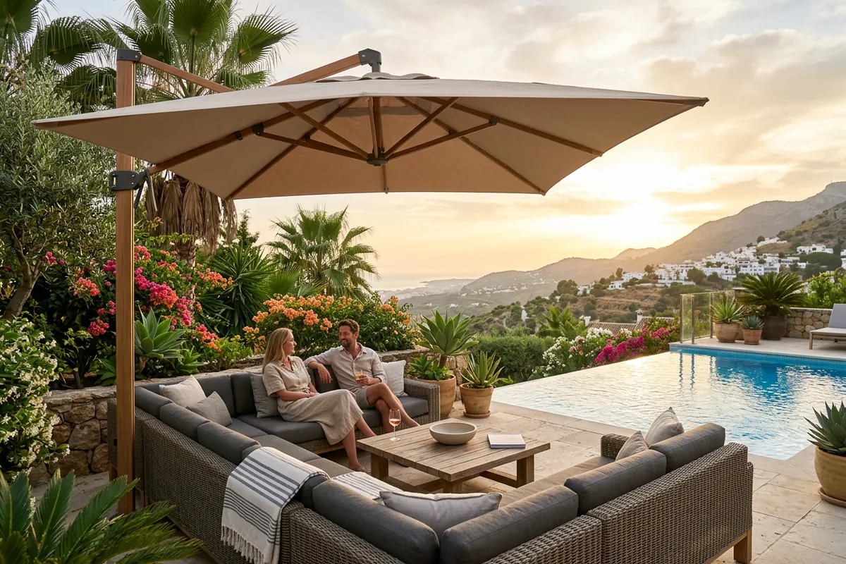 Parasols & Shade Sails setup on a Mediterranean terrace in Mijas, Costa del Sol