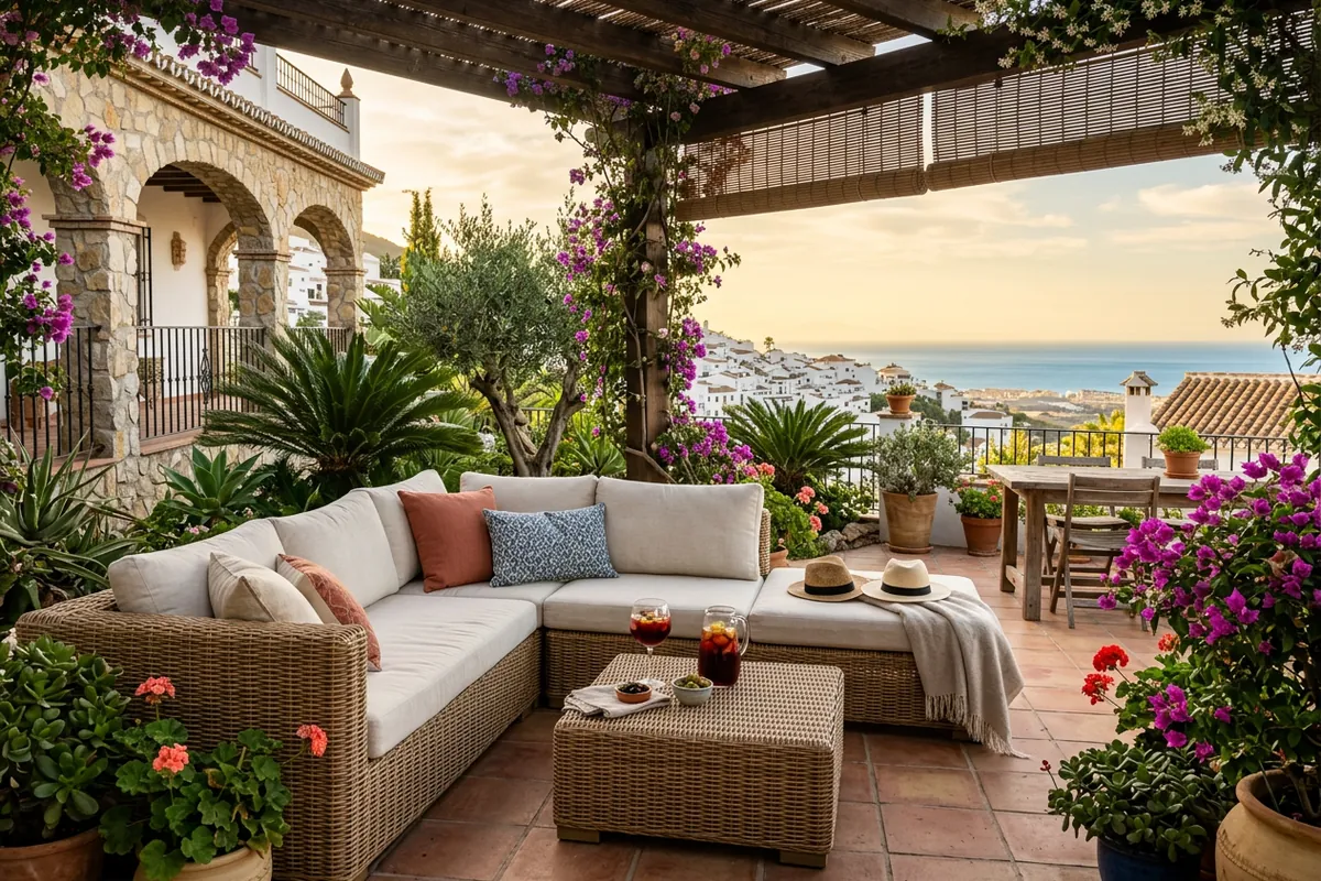 Rattan Lounge Sets setup on a Mediterranean terrace in Mijas, Costa del Sol