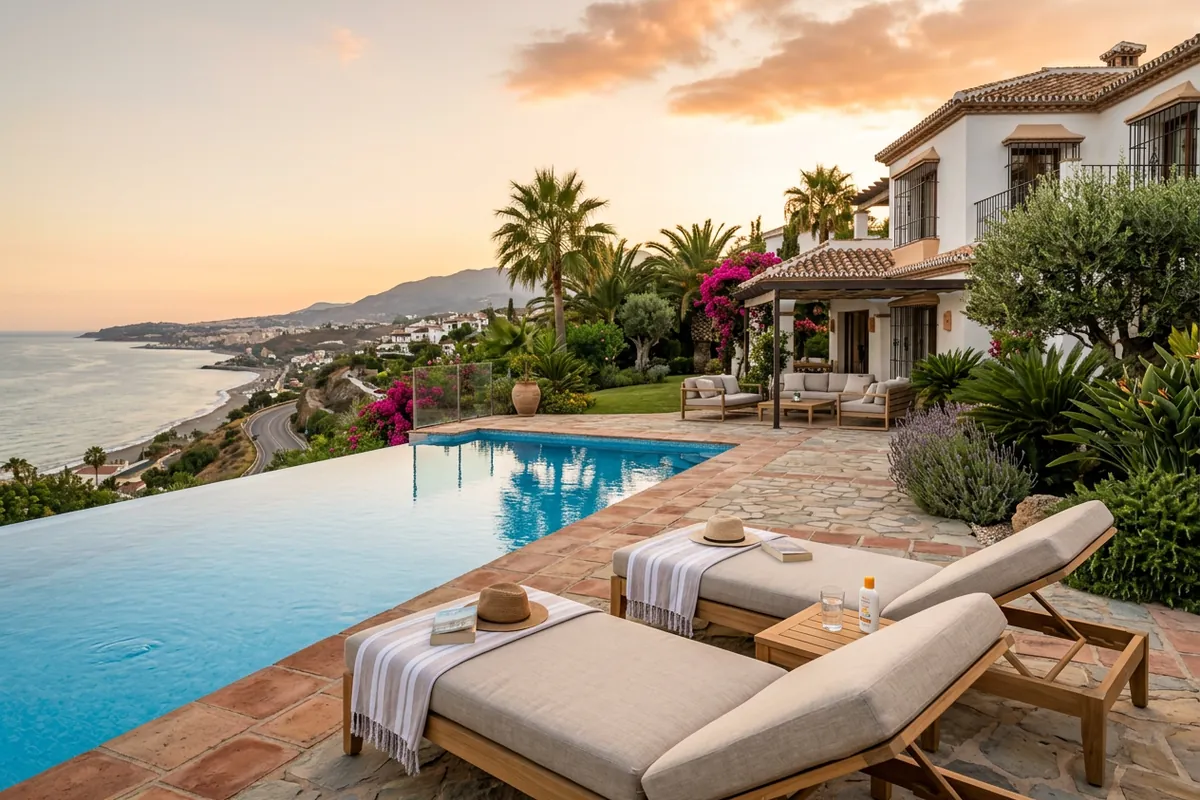 Sun Loungers & Daybeds setup on a Mediterranean terrace in Mijas, Costa del Sol
