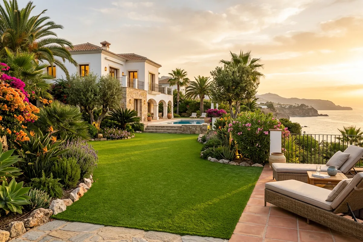Artificial Grass & Landscaping setup on a Mediterranean terrace in Nerja, Costa del Sol