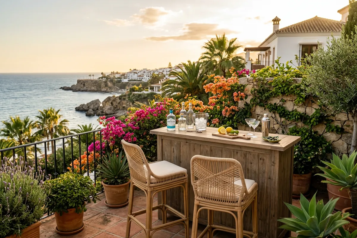Outdoor Bar Furniture setup on a Mediterranean terrace in Nerja, Costa del Sol