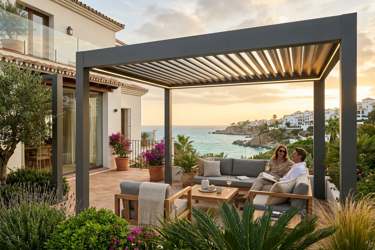 Bioclimatic Pergolas setup on a Mediterranean terrace in Nerja, Costa del Sol
