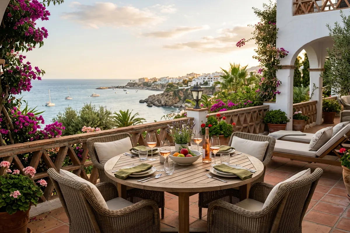 Outdoor Dining Sets setup on a Mediterranean terrace in Nerja, Costa del Sol