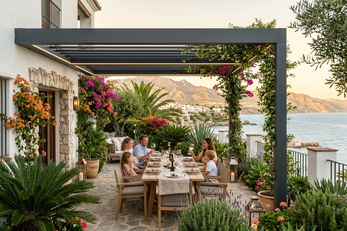 Fixed Pergolas setup on a Mediterranean terrace in Nerja, Costa del Sol