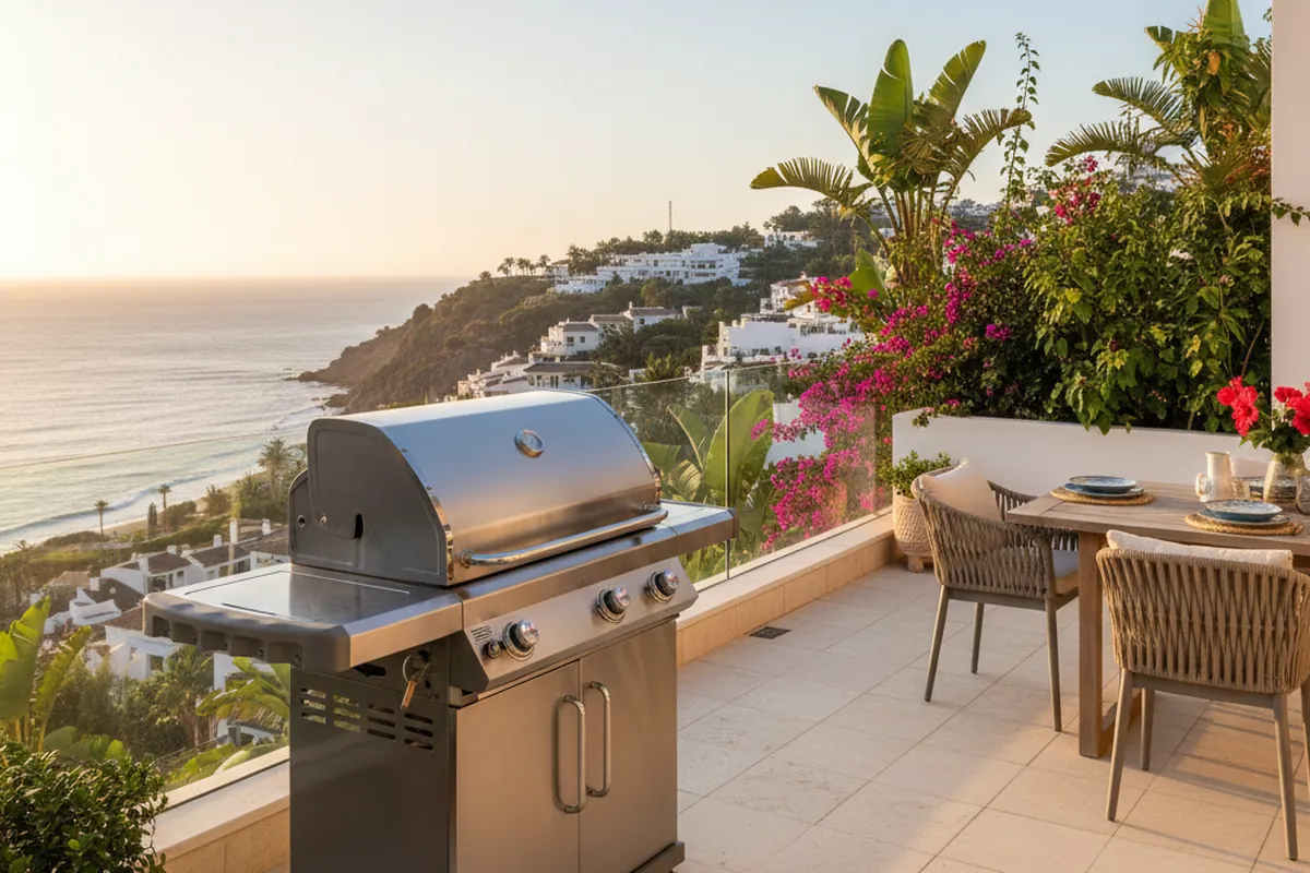 Gas BBQs setup on a Mediterranean terrace in Nerja, Costa del Sol
