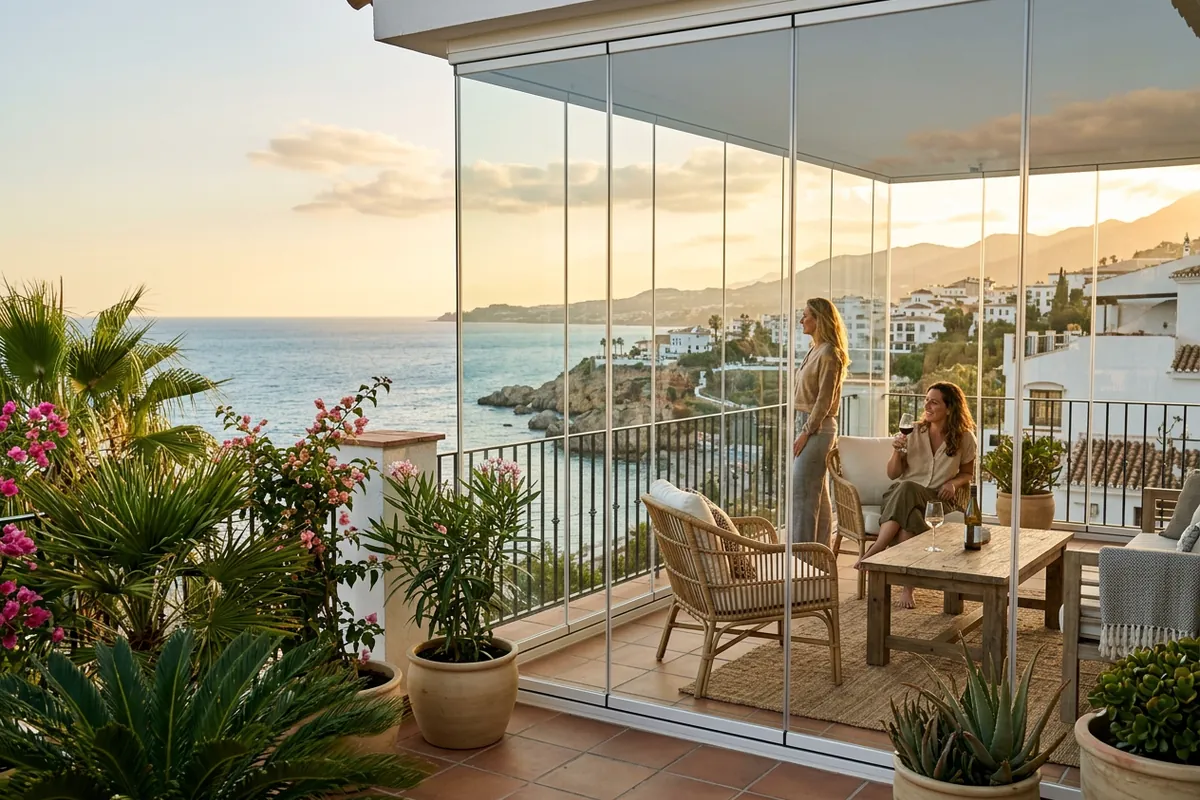 Glass Curtains & Glass Rooms setup on a Mediterranean terrace in Nerja, Costa del Sol