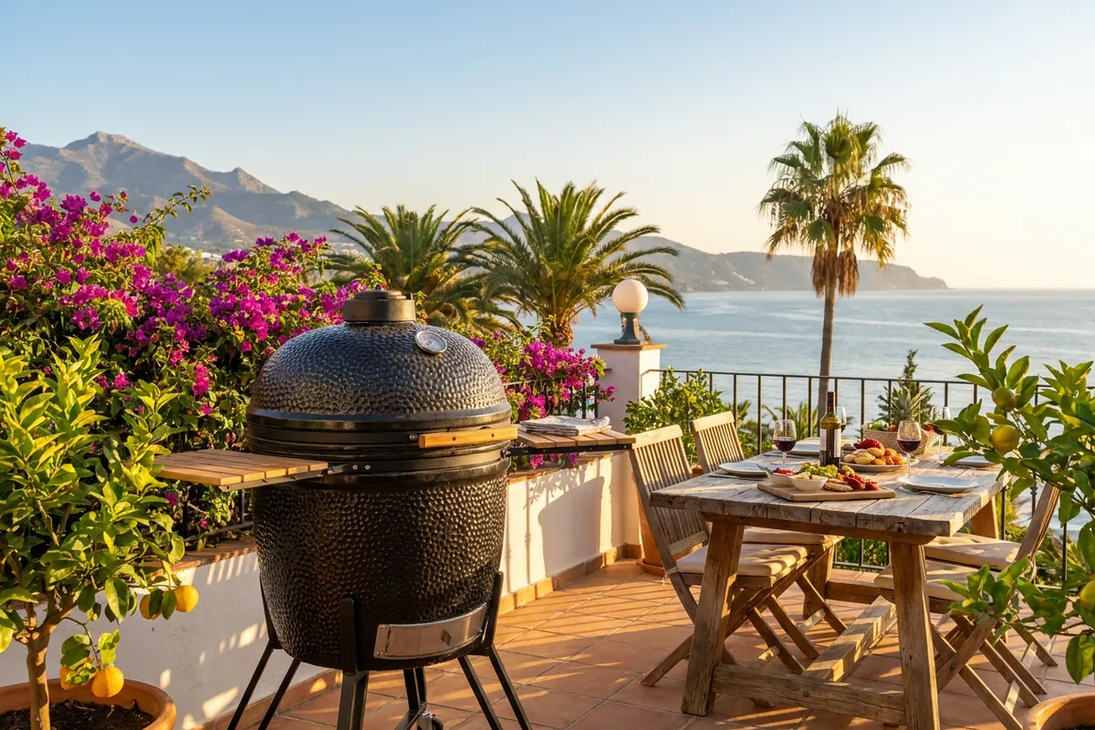 Kamado BBQs setup on a Mediterranean terrace in Nerja, Costa del Sol