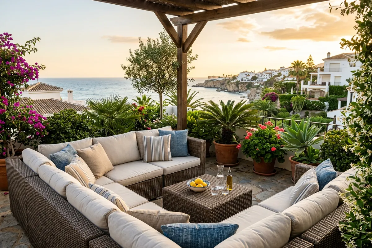 Outdoor Cushions & Textiles setup on a Mediterranean terrace in Nerja, Costa del Sol