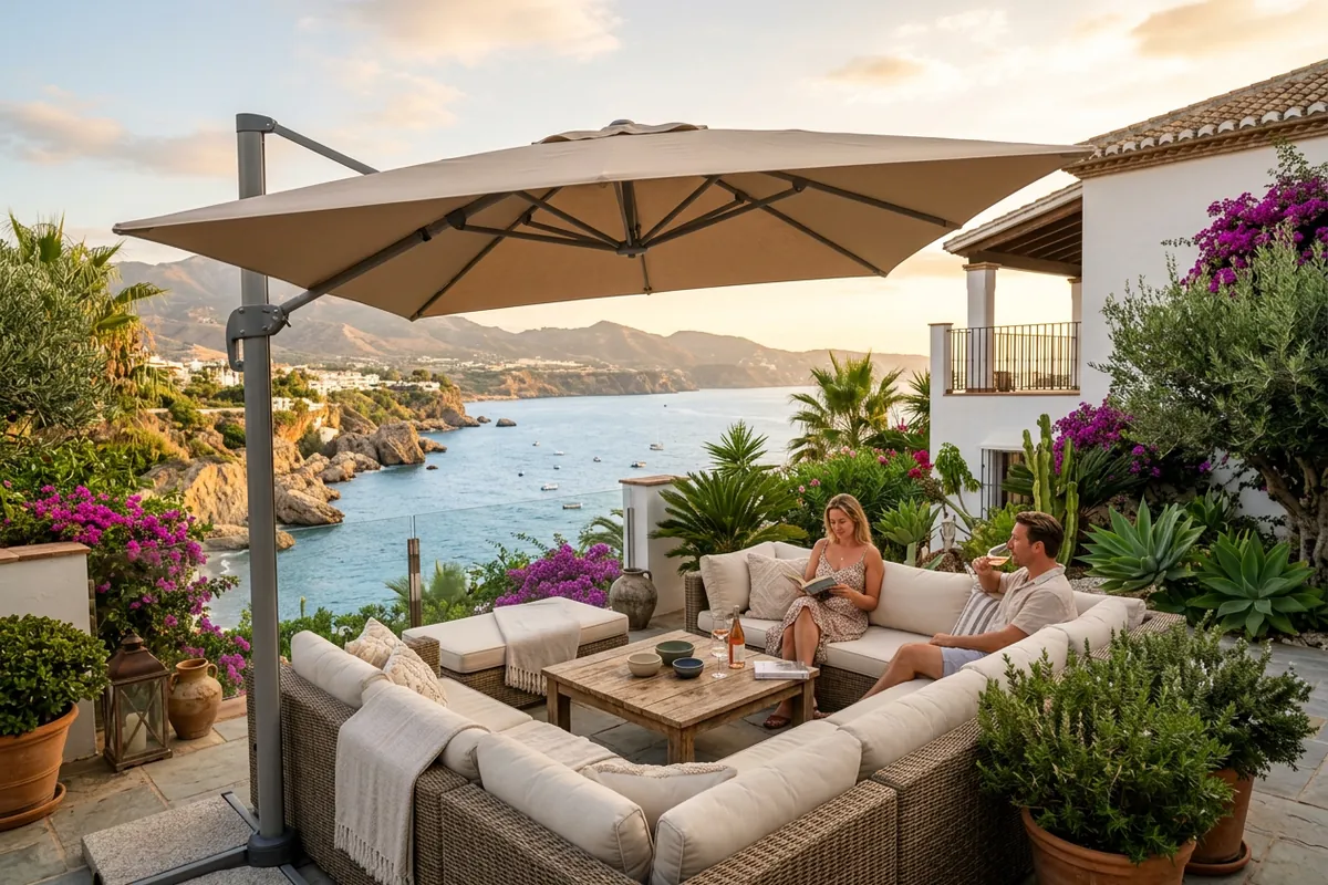 Parasols & Shade Sails setup on a Mediterranean terrace in Nerja, Costa del Sol