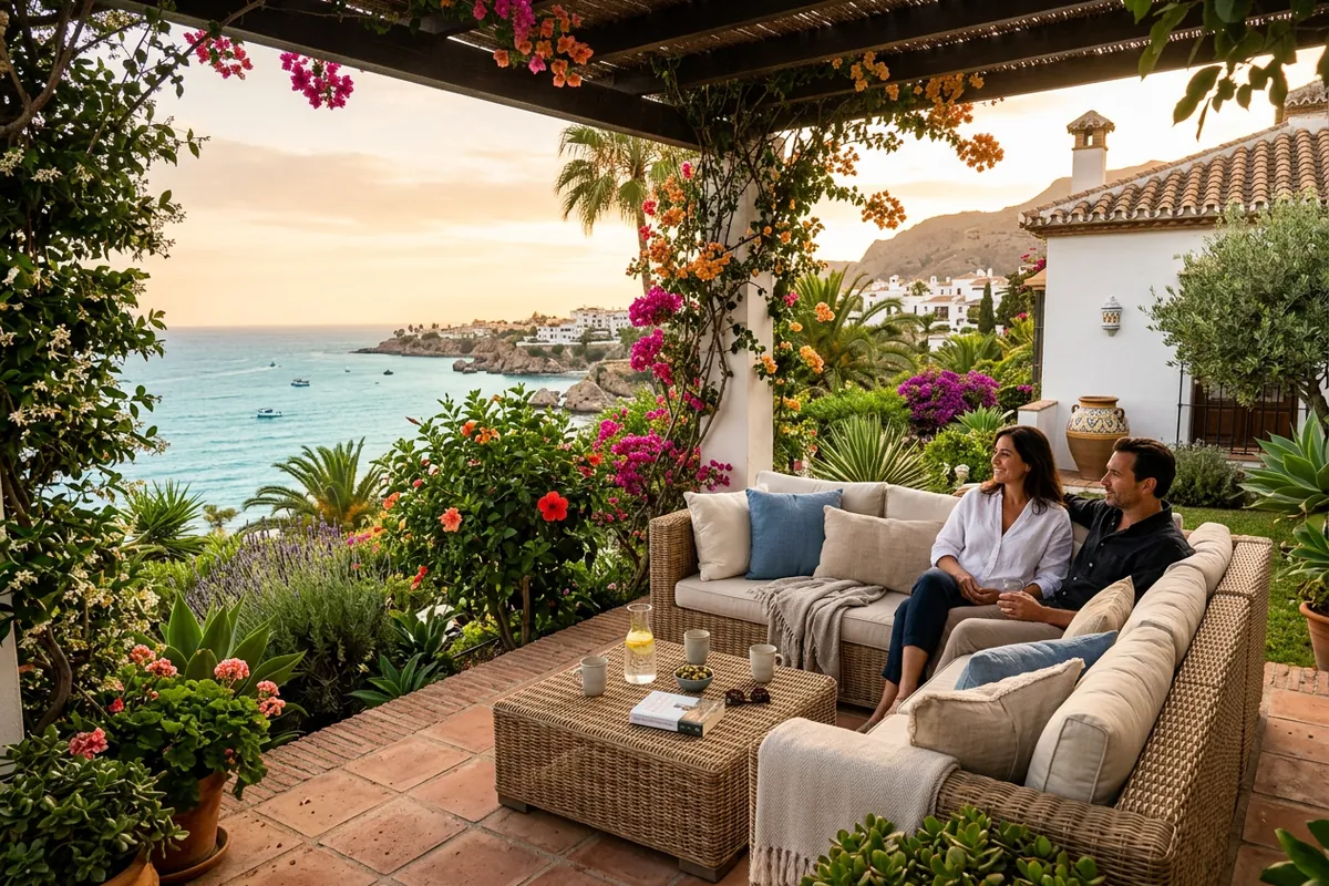 Rattan Lounge Sets setup on a Mediterranean terrace in Nerja, Costa del Sol