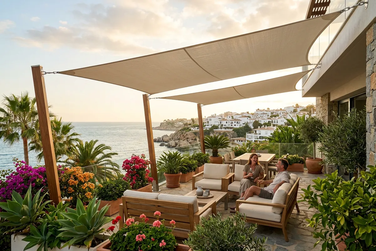 Shade Sails setup on a Mediterranean terrace in Nerja, Costa del Sol
