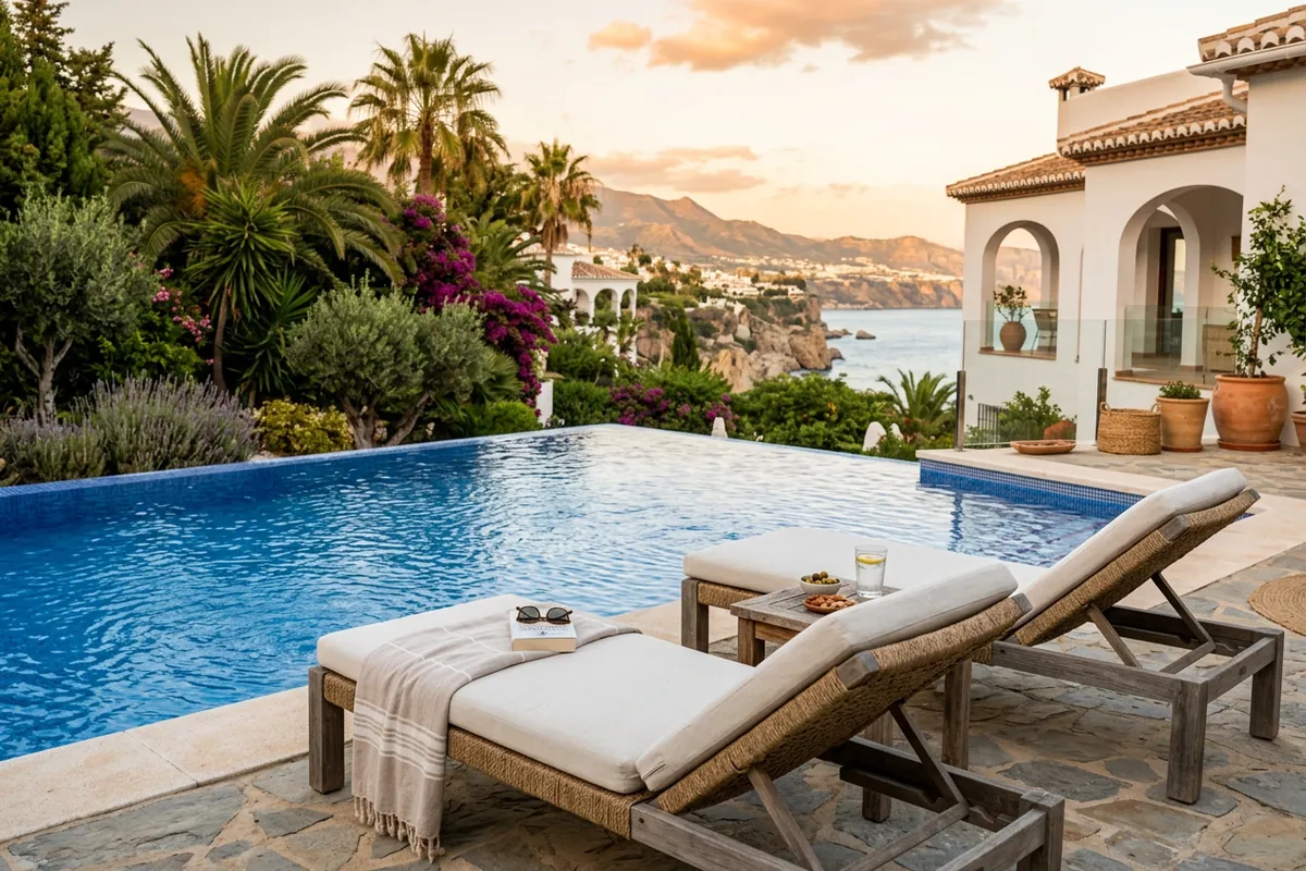 Sun Loungers & Daybeds setup on a Mediterranean terrace in Nerja, Costa del Sol