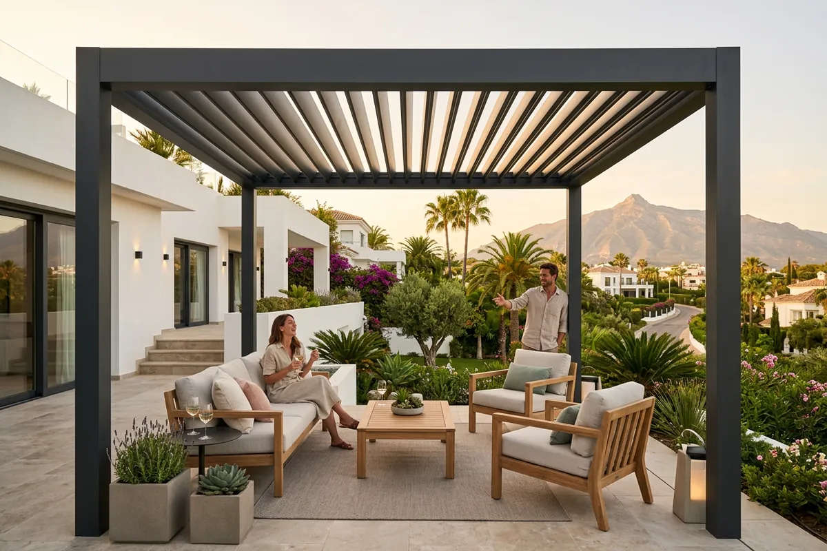 Bioclimatic Pergolas setup on a Mediterranean terrace in Nueva Andalucía, Costa del Sol