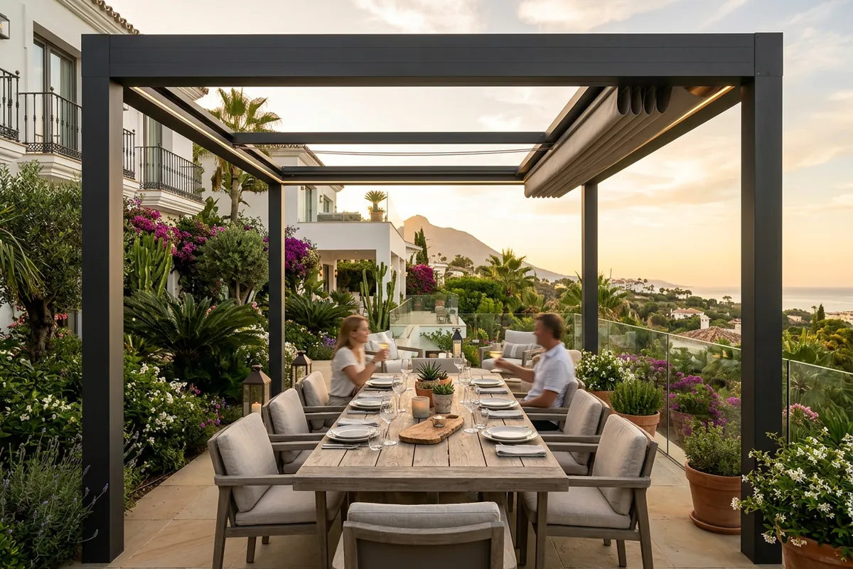 Fixed Pergolas setup on a Mediterranean terrace in Nueva Andalucía, Costa del Sol