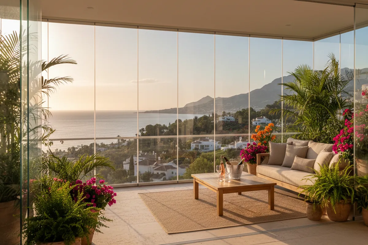 Glass Curtains & Glass Rooms setup on a Mediterranean terrace in Nueva Andalucía, Costa del Sol