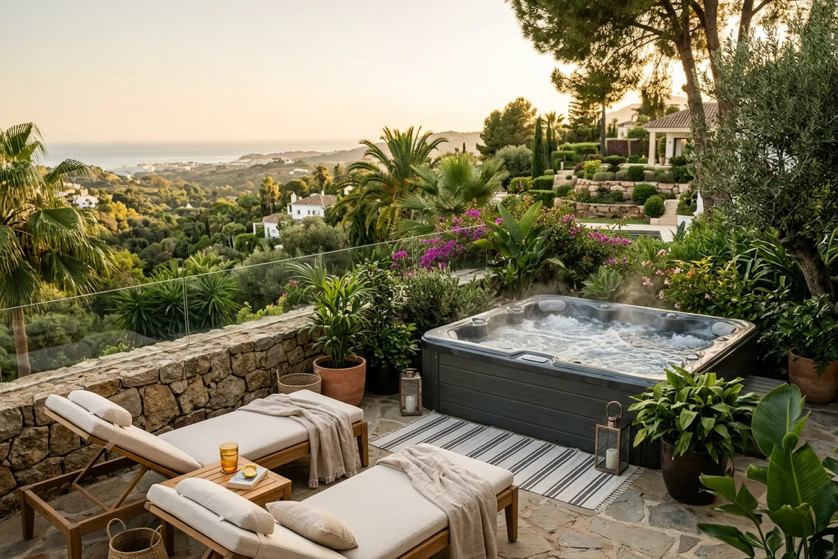 Hot Tubs & Swim Spas setup on a Mediterranean terrace in Nueva Andalucía, Costa del Sol