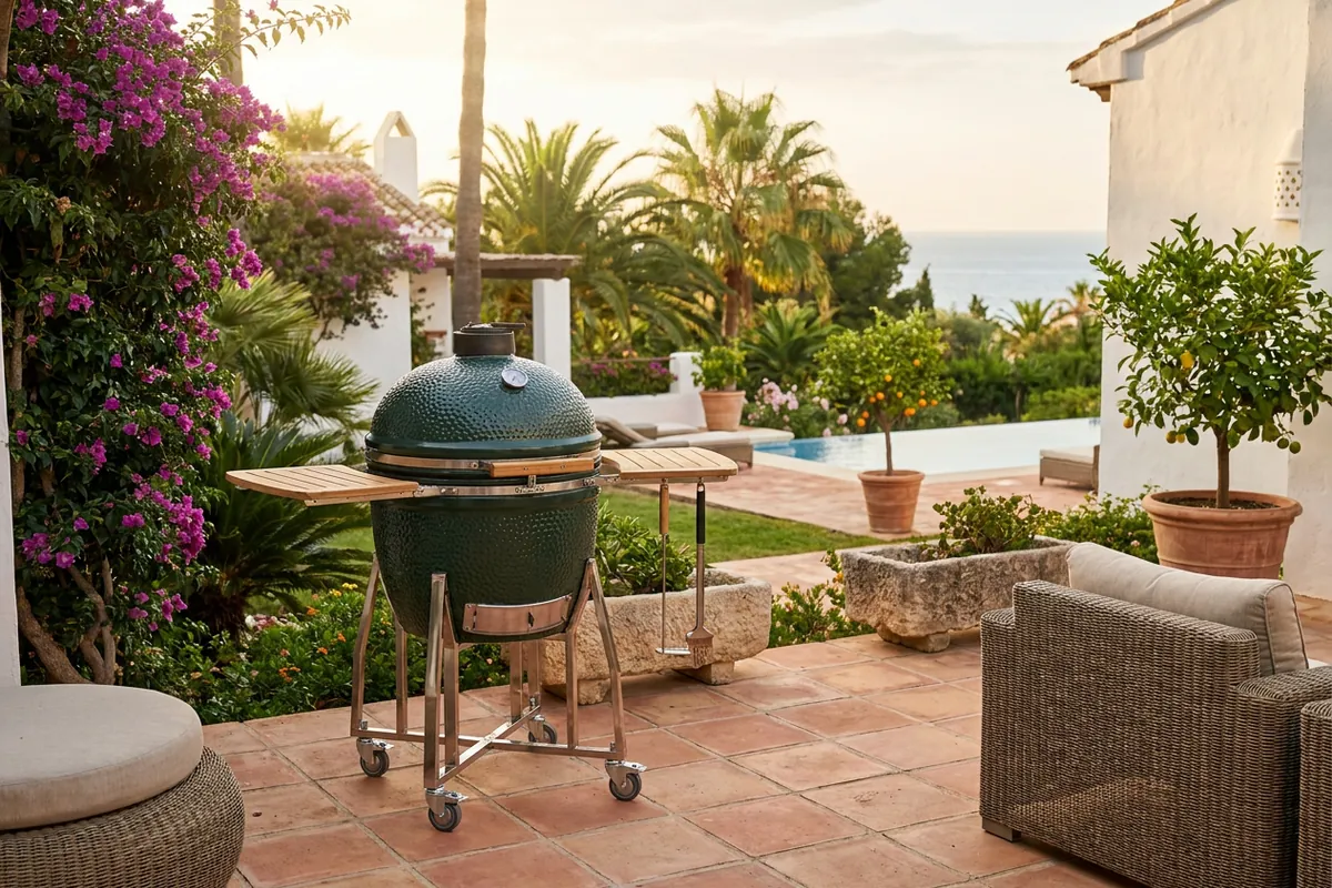Kamado BBQs setup on a Mediterranean terrace in Nueva Andalucía, Costa del Sol