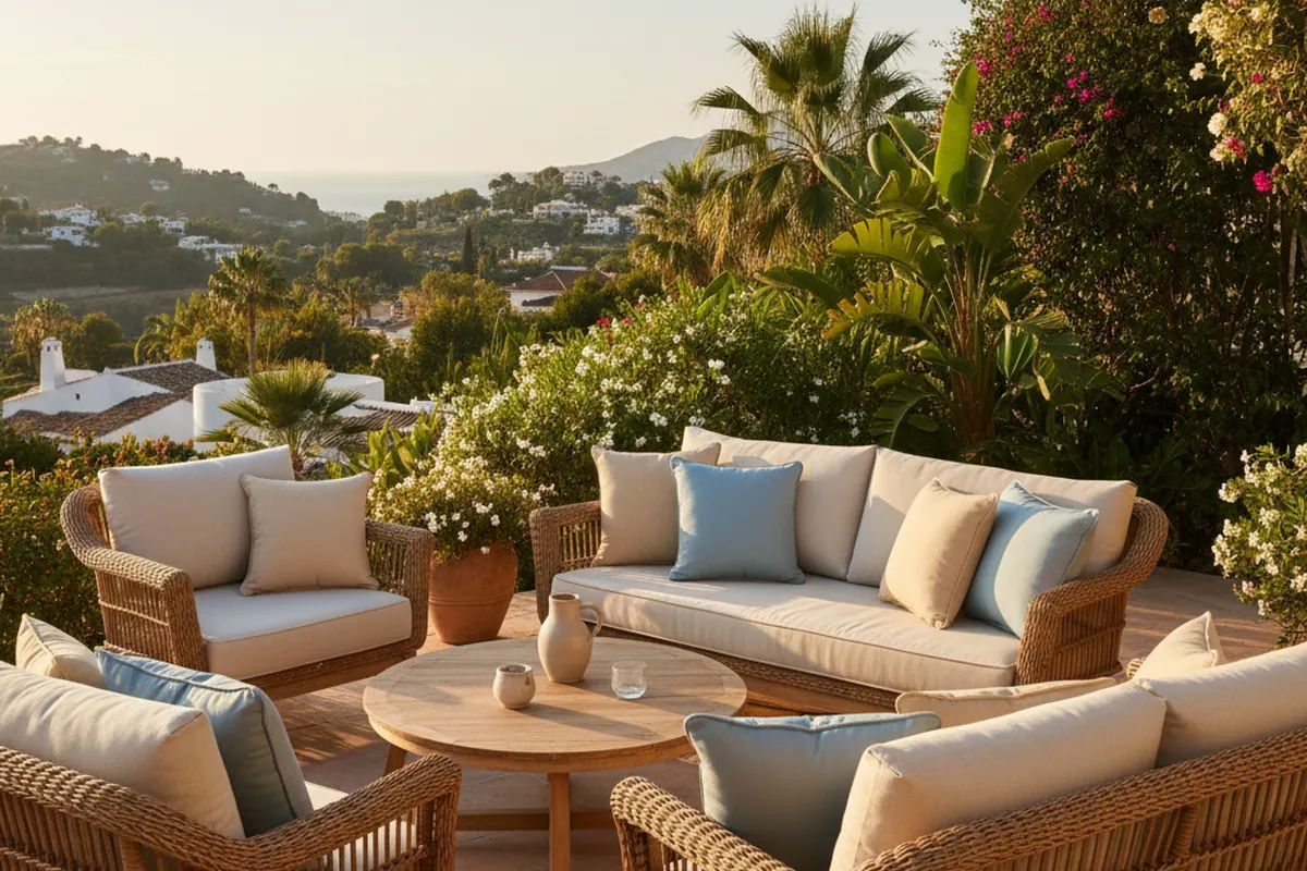 Outdoor Cushions & Textiles setup on a Mediterranean terrace in Nueva Andalucía, Costa del Sol