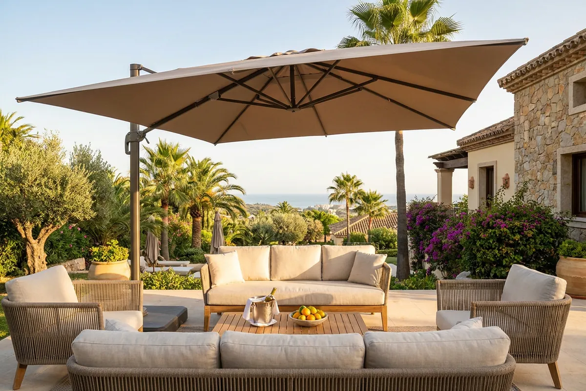 Parasols & Shade Sails setup on a Mediterranean terrace in Nueva Andalucía, Costa del Sol