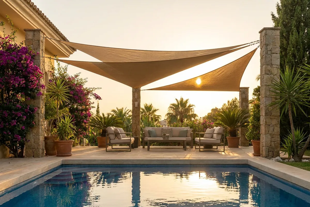 Shade Sails setup on a Mediterranean terrace in Nueva Andalucía, Costa del Sol