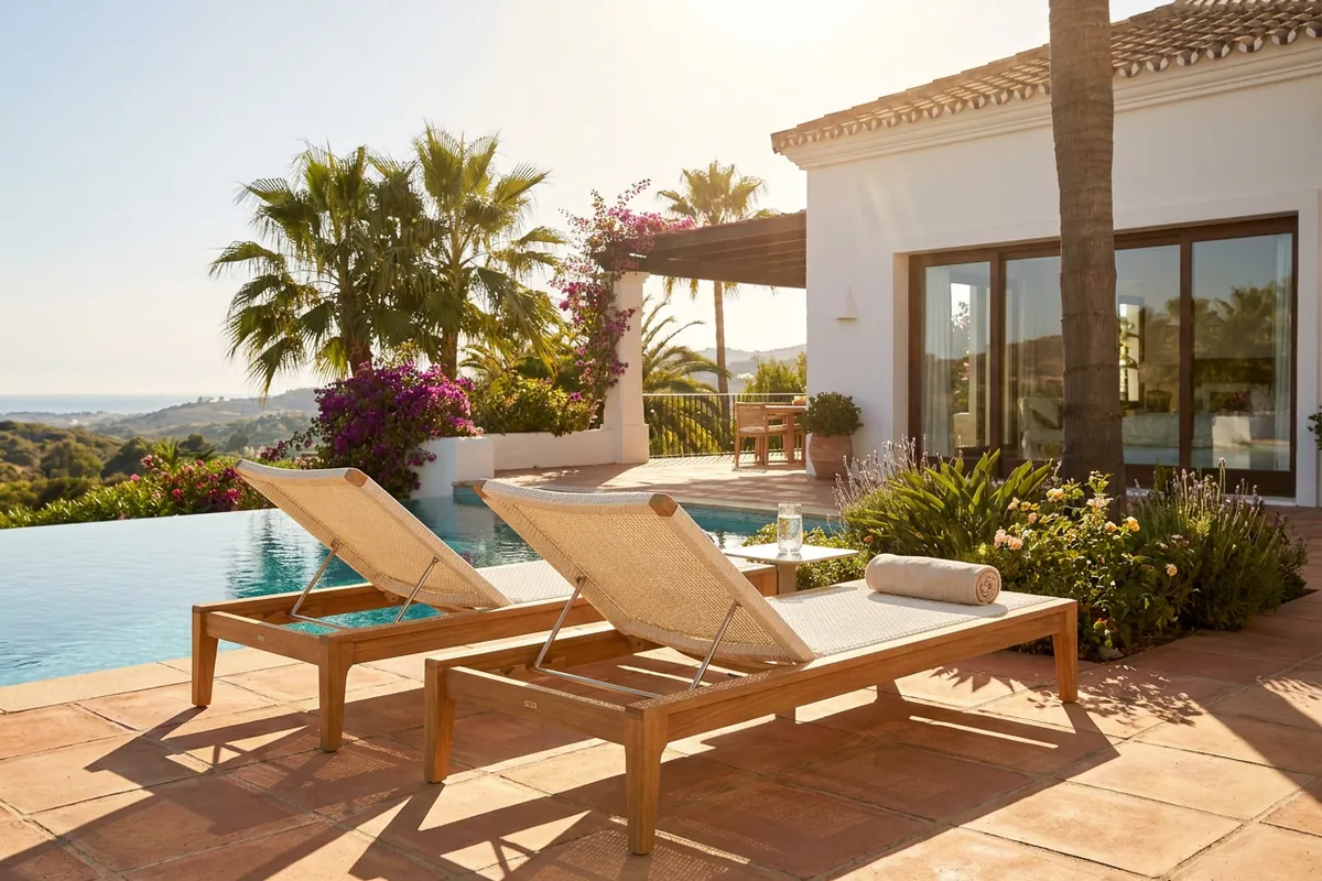 Sun Loungers & Daybeds setup on a Mediterranean terrace in Nueva Andalucía, Costa del Sol