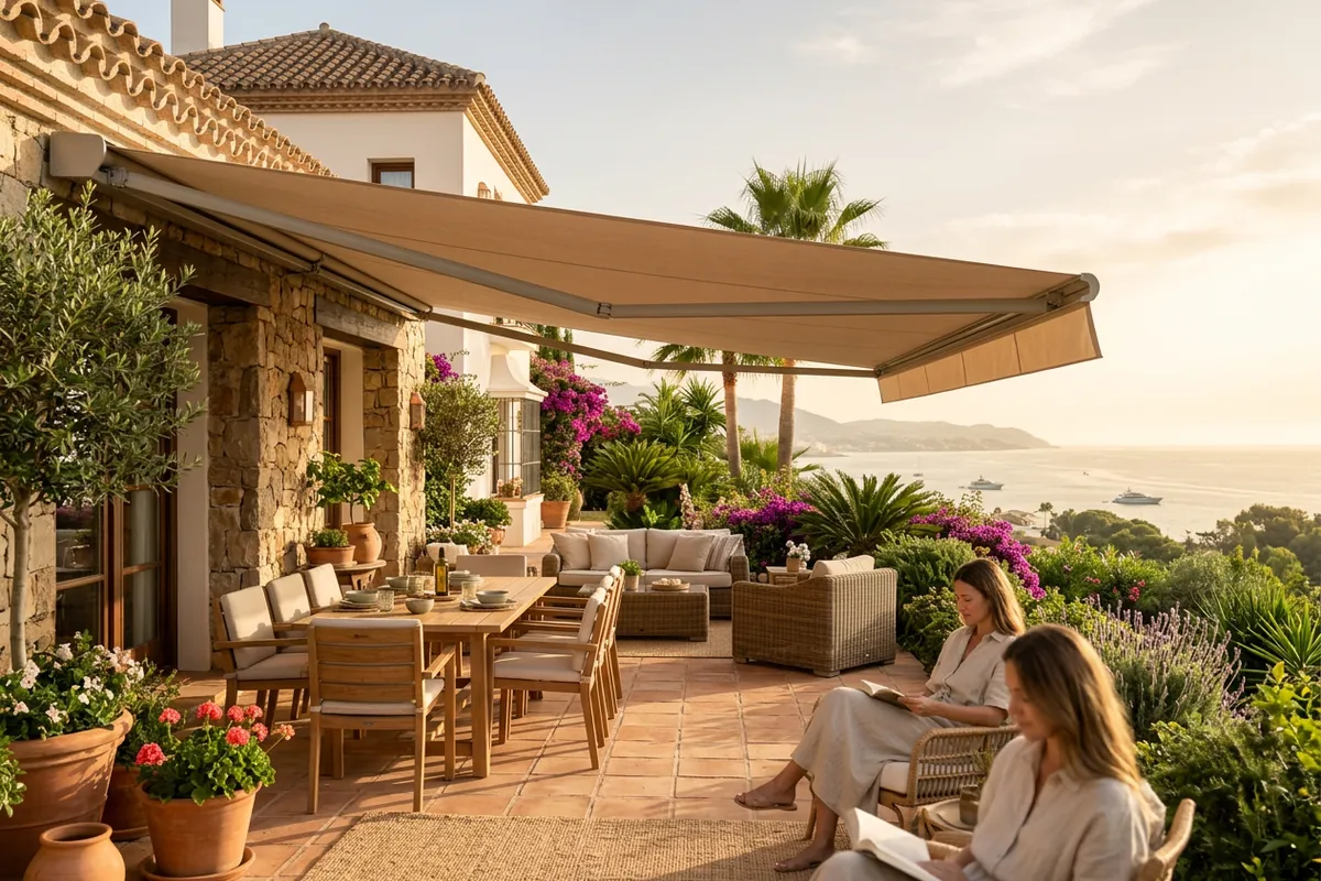 Awnings & Toldos setup on a Mediterranean terrace in San Pedro de Alcántara, Costa del Sol
