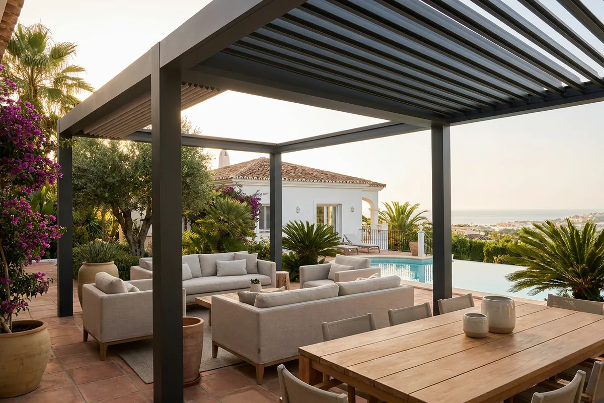 Bioclimatic Pergolas setup on a Mediterranean terrace in San Pedro de Alcántara, Costa del Sol