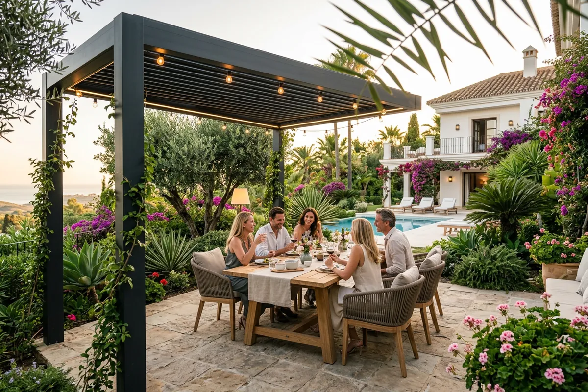 Fixed Pergolas setup on a Mediterranean terrace in San Pedro de Alcántara, Costa del Sol