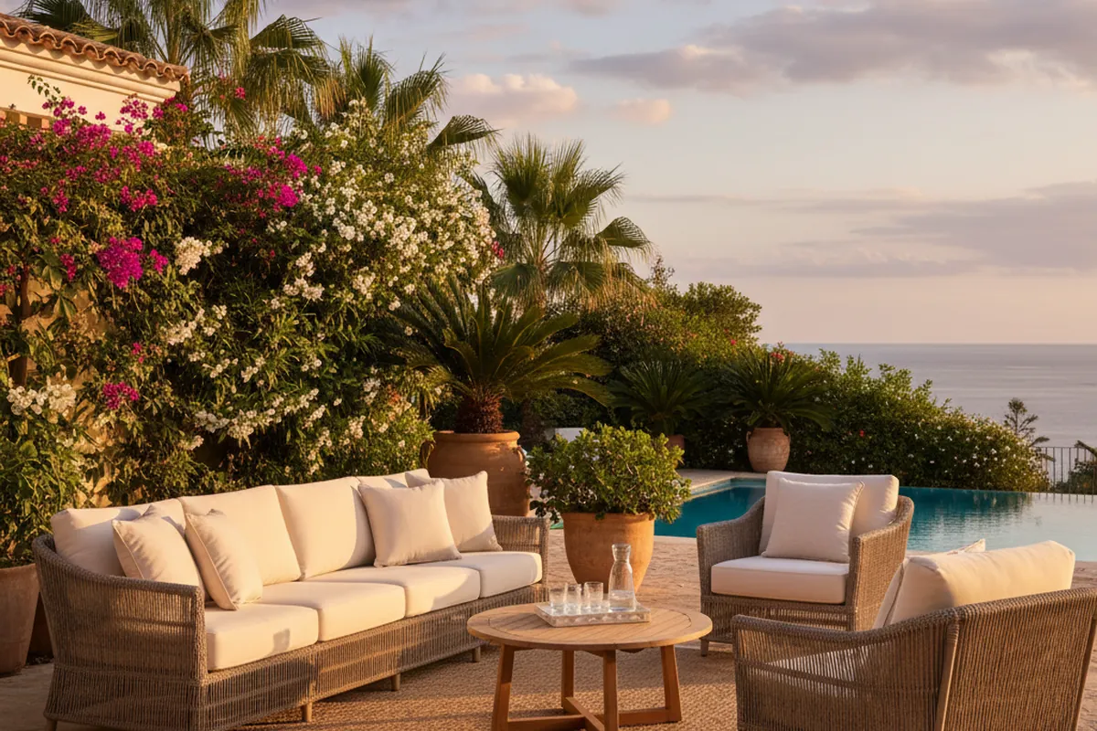Outdoor Cushions & Textiles setup on a Mediterranean terrace in San Pedro de Alcántara, Costa del Sol