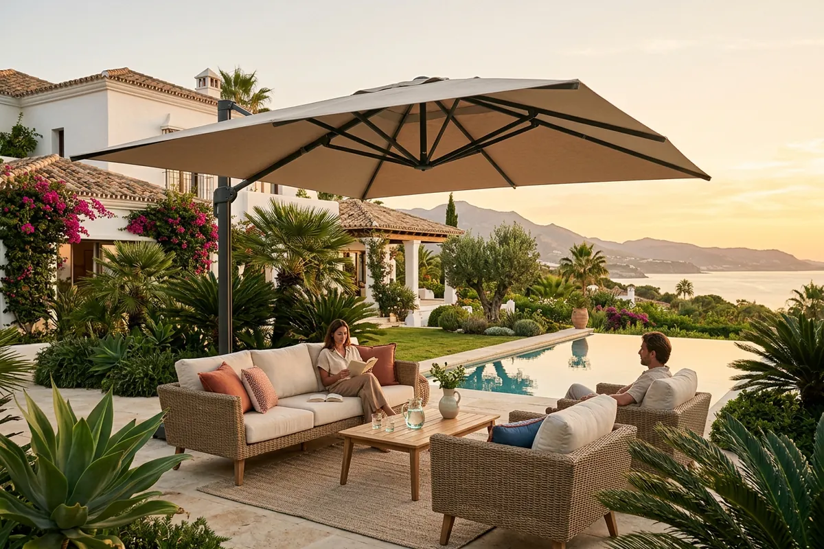 Parasols & Shade Sails setup on a Mediterranean terrace in San Pedro de Alcántara, Costa del Sol