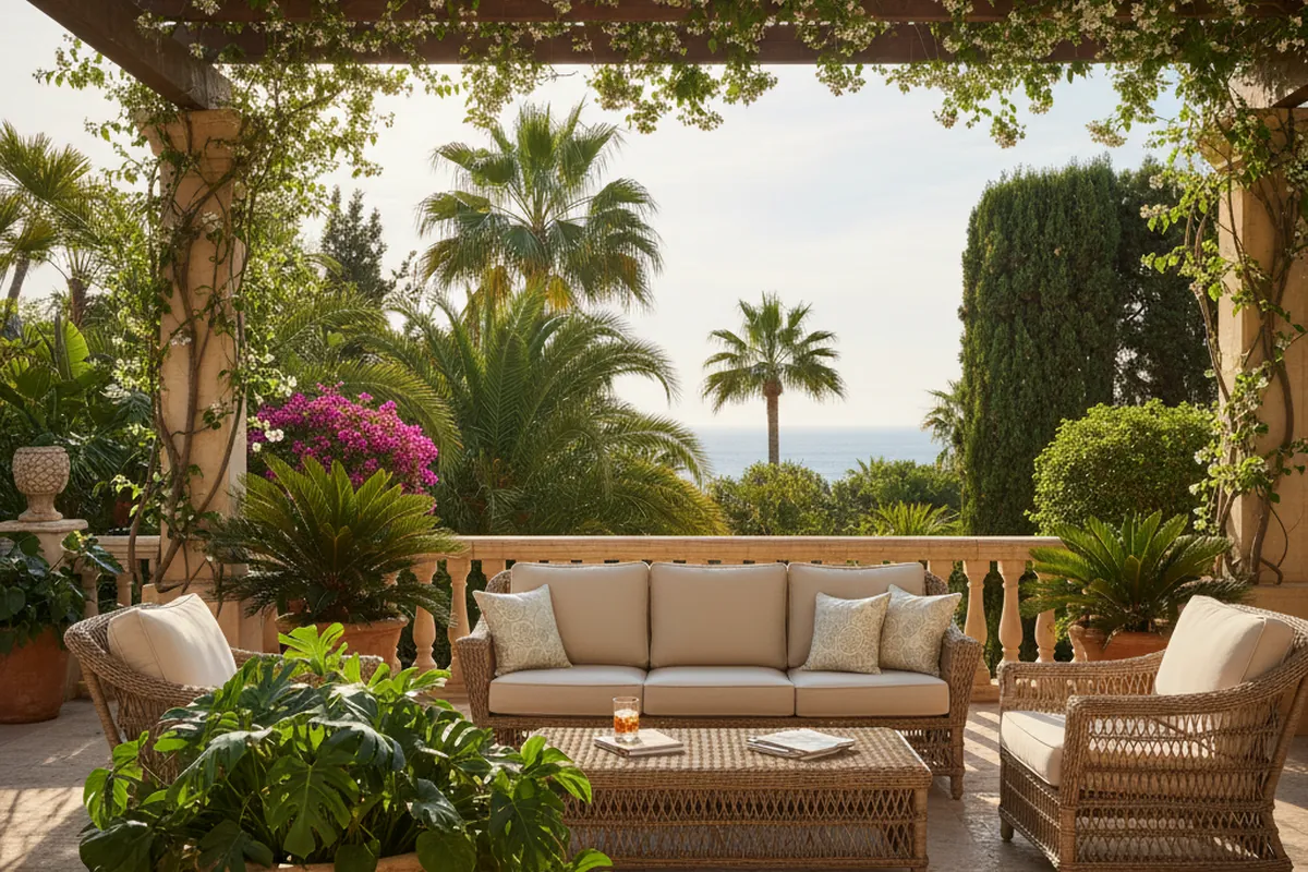 Rattan Lounge Sets setup on a Mediterranean terrace in San Pedro de Alcántara, Costa del Sol