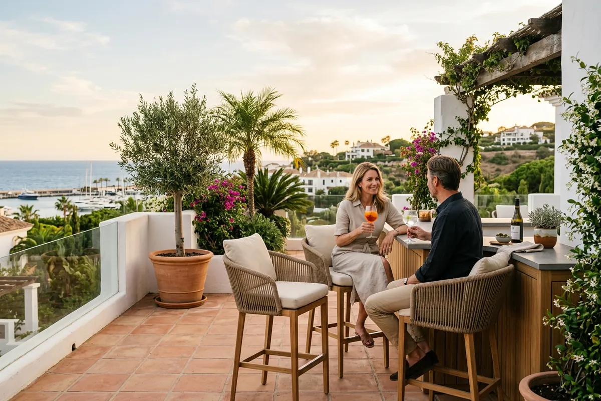 Outdoor Bar Furniture setup on a Mediterranean terrace in Sotogrande, Costa del Sol