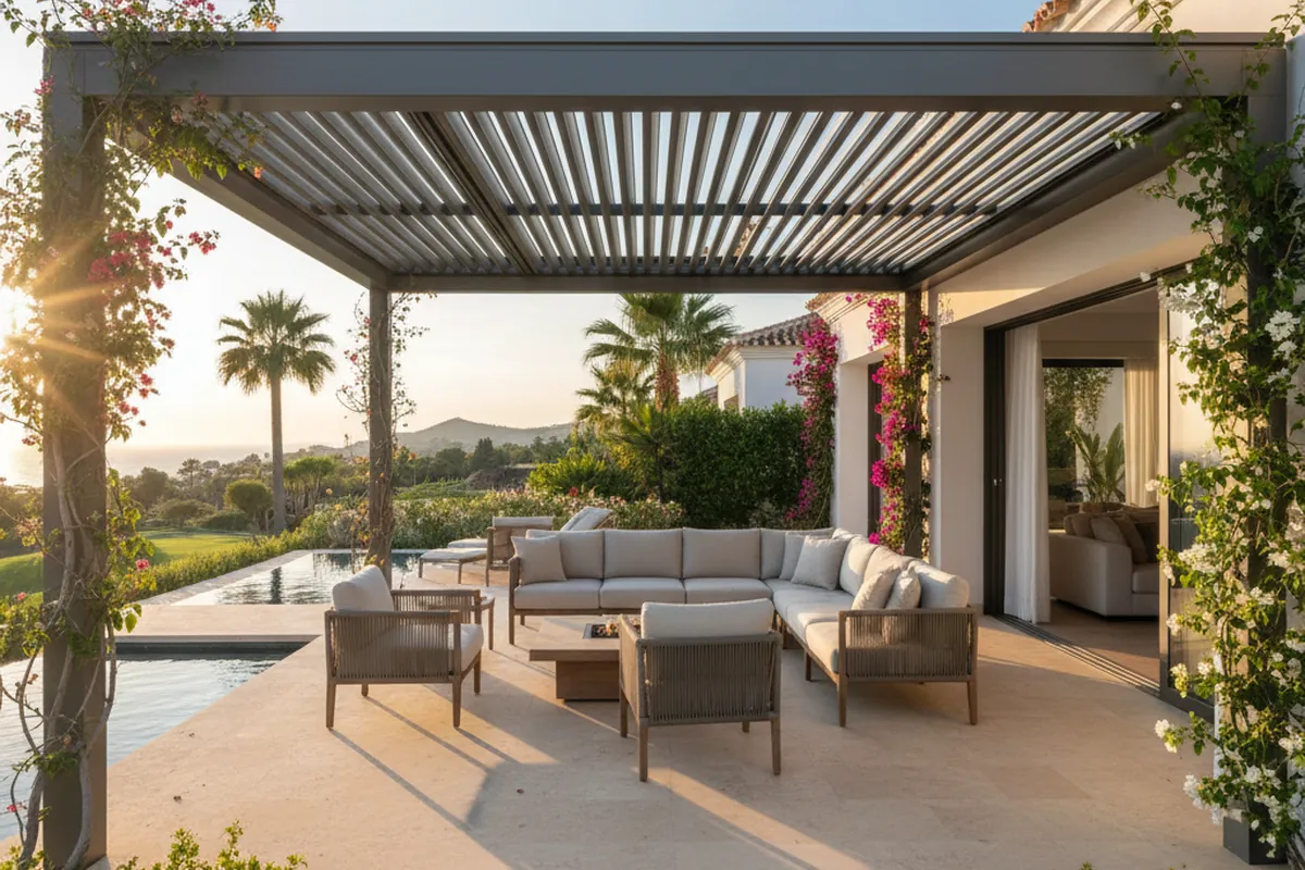 Bioclimatic Pergolas setup on a Mediterranean terrace in Sotogrande, Costa del Sol