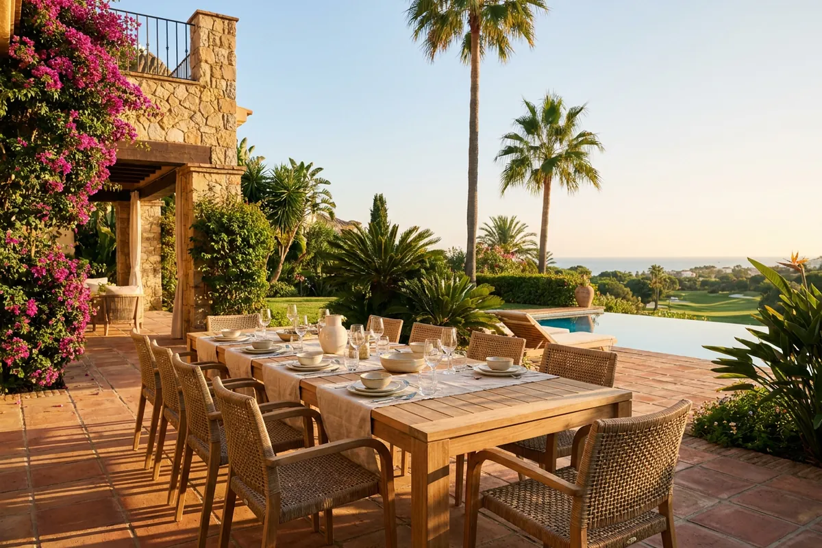 Outdoor Dining Sets setup on a Mediterranean terrace in Sotogrande, Costa del Sol