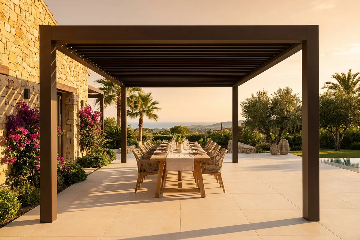 Fixed Pergolas setup on a Mediterranean terrace in Sotogrande, Costa del Sol