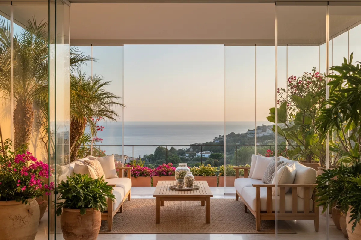 Glass Curtains & Glass Rooms setup on a Mediterranean terrace in Sotogrande, Costa del Sol