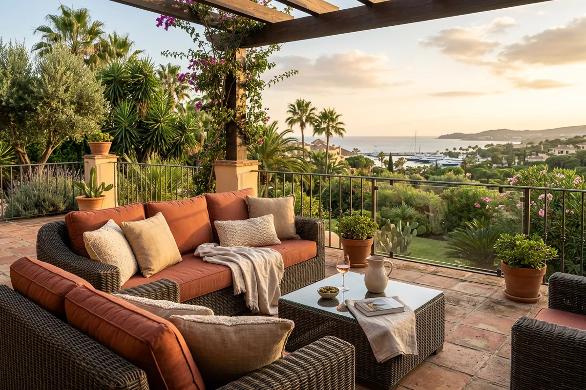 Outdoor Cushions & Textiles setup on a Mediterranean terrace in Sotogrande, Costa del Sol