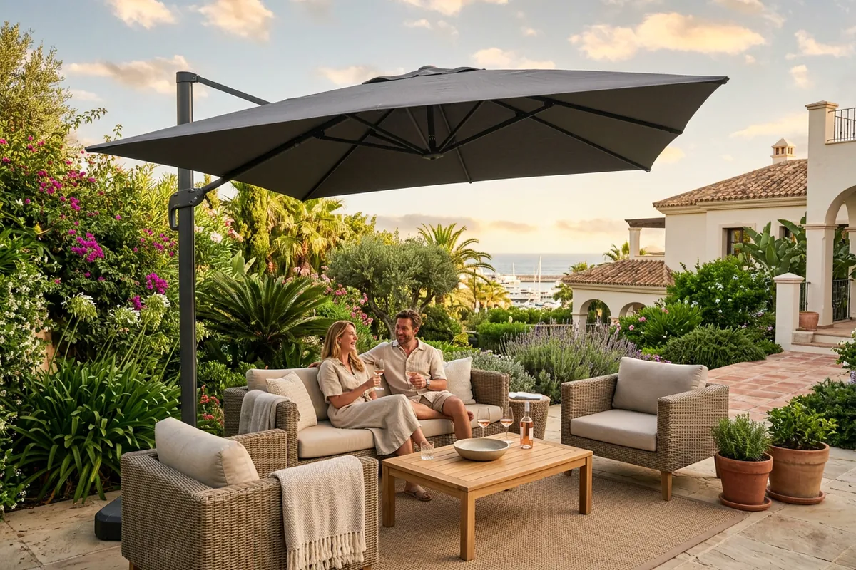 Parasols & Shade Sails setup on a Mediterranean terrace in Sotogrande, Costa del Sol