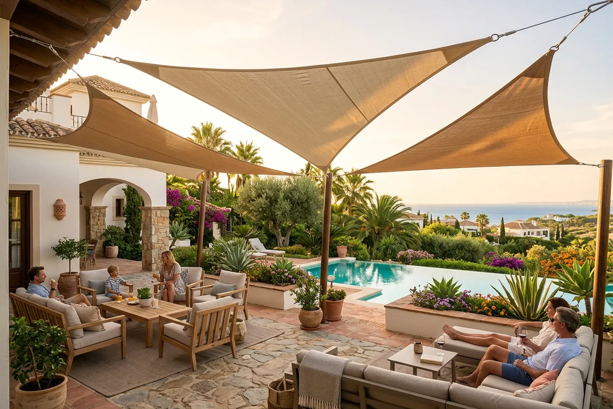 Shade Sails setup on a Mediterranean terrace in Sotogrande, Costa del Sol