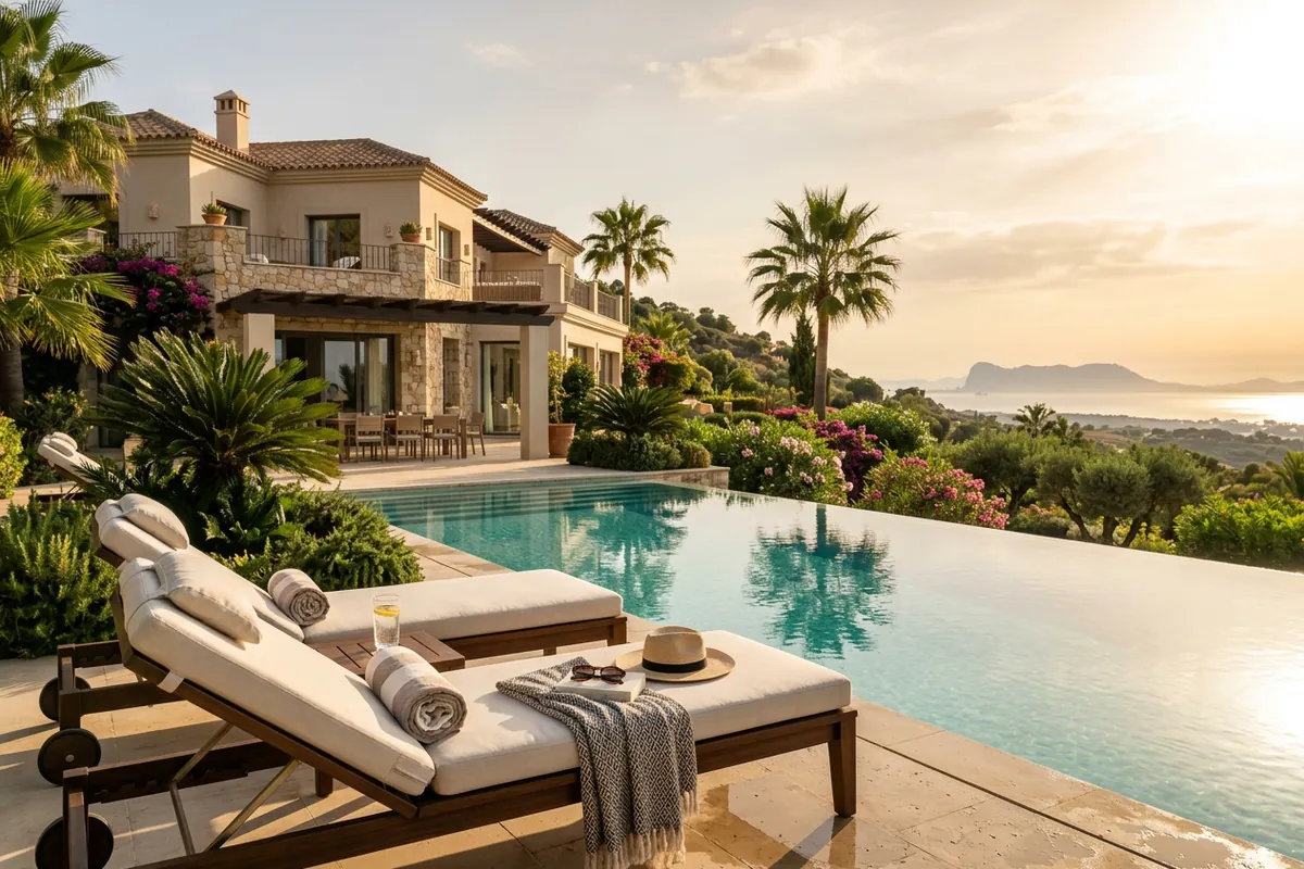 Sun Loungers & Daybeds setup on a Mediterranean terrace in Sotogrande, Costa del Sol