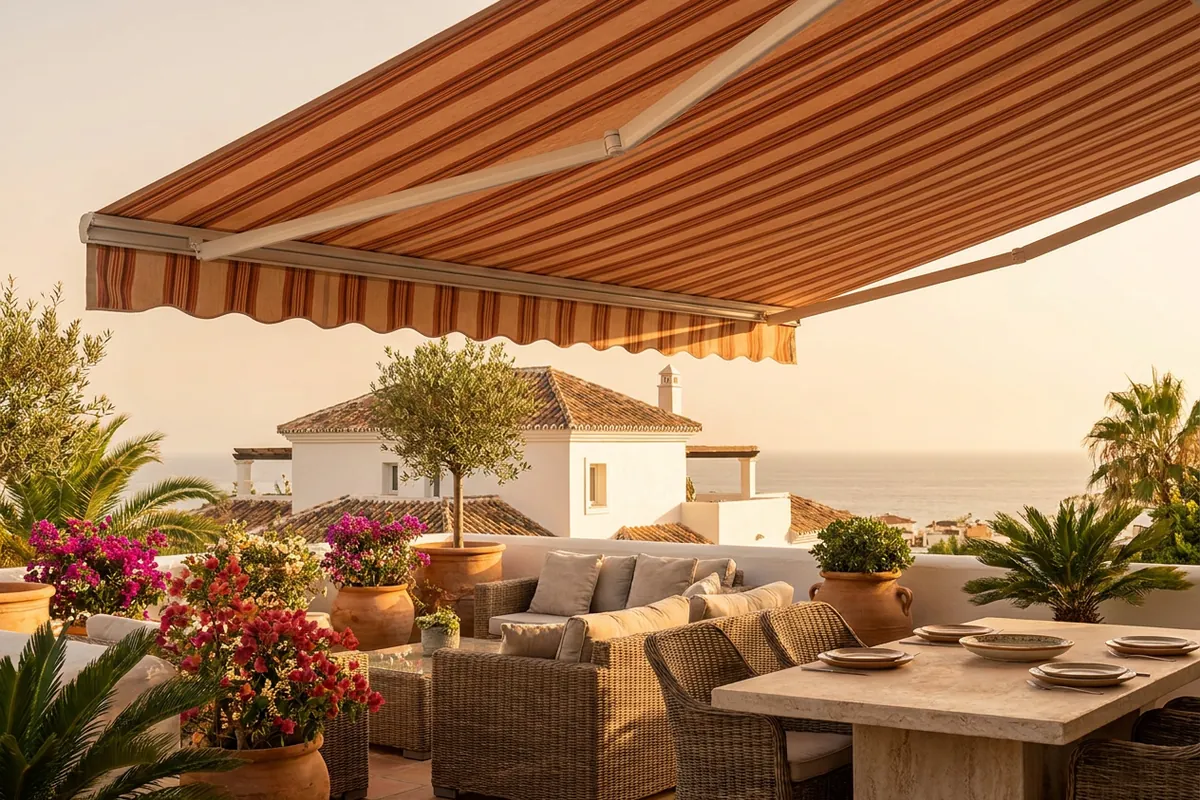 Awnings & Toldos setup on a Mediterranean terrace in Torremolinos, Costa del Sol