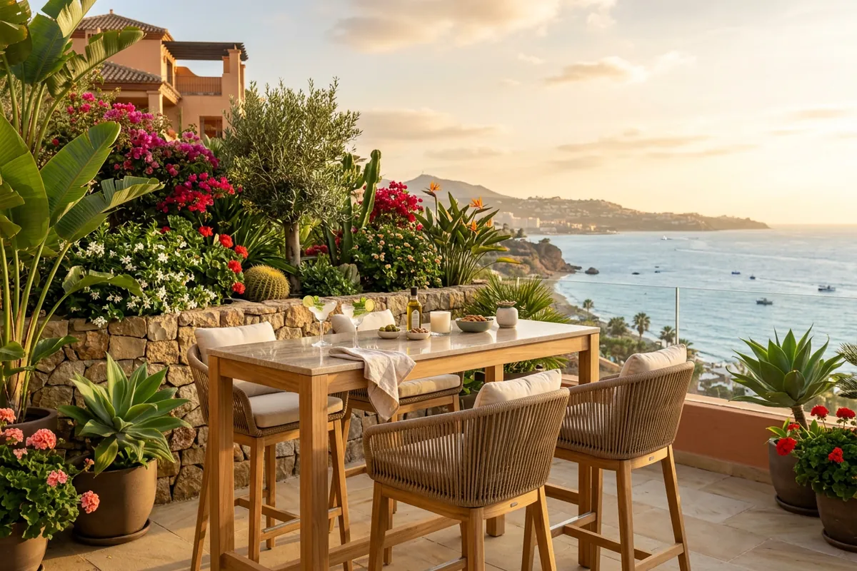 Outdoor Bar Furniture setup on a Mediterranean terrace in Torremolinos, Costa del Sol