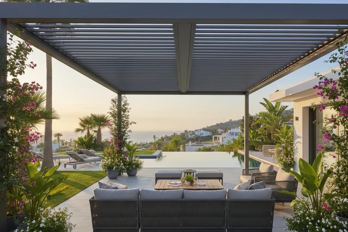 Bioclimatic Pergolas setup on a Mediterranean terrace in Torremolinos, Costa del Sol